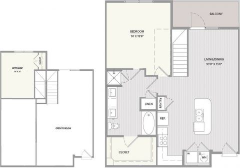A1R Floor plan with 1 bed, 1 bath and 881 square feet